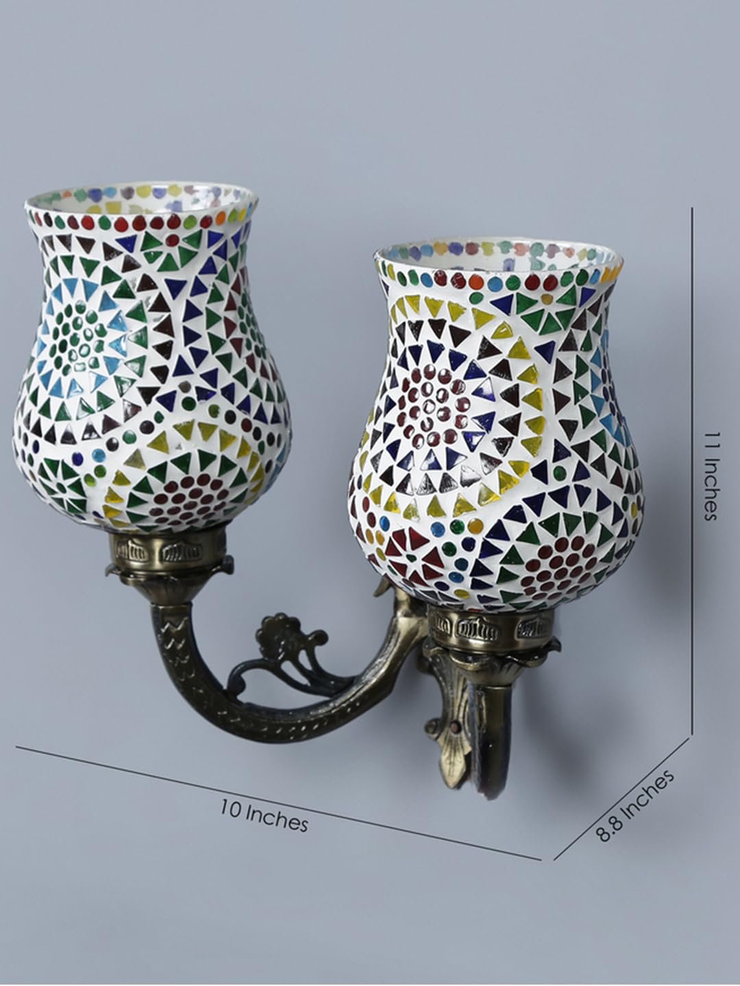 Antique Metal Double Wall Mounted Lamp with Multicolor Mosaic Glass -CE (8.8x11x10) Inches