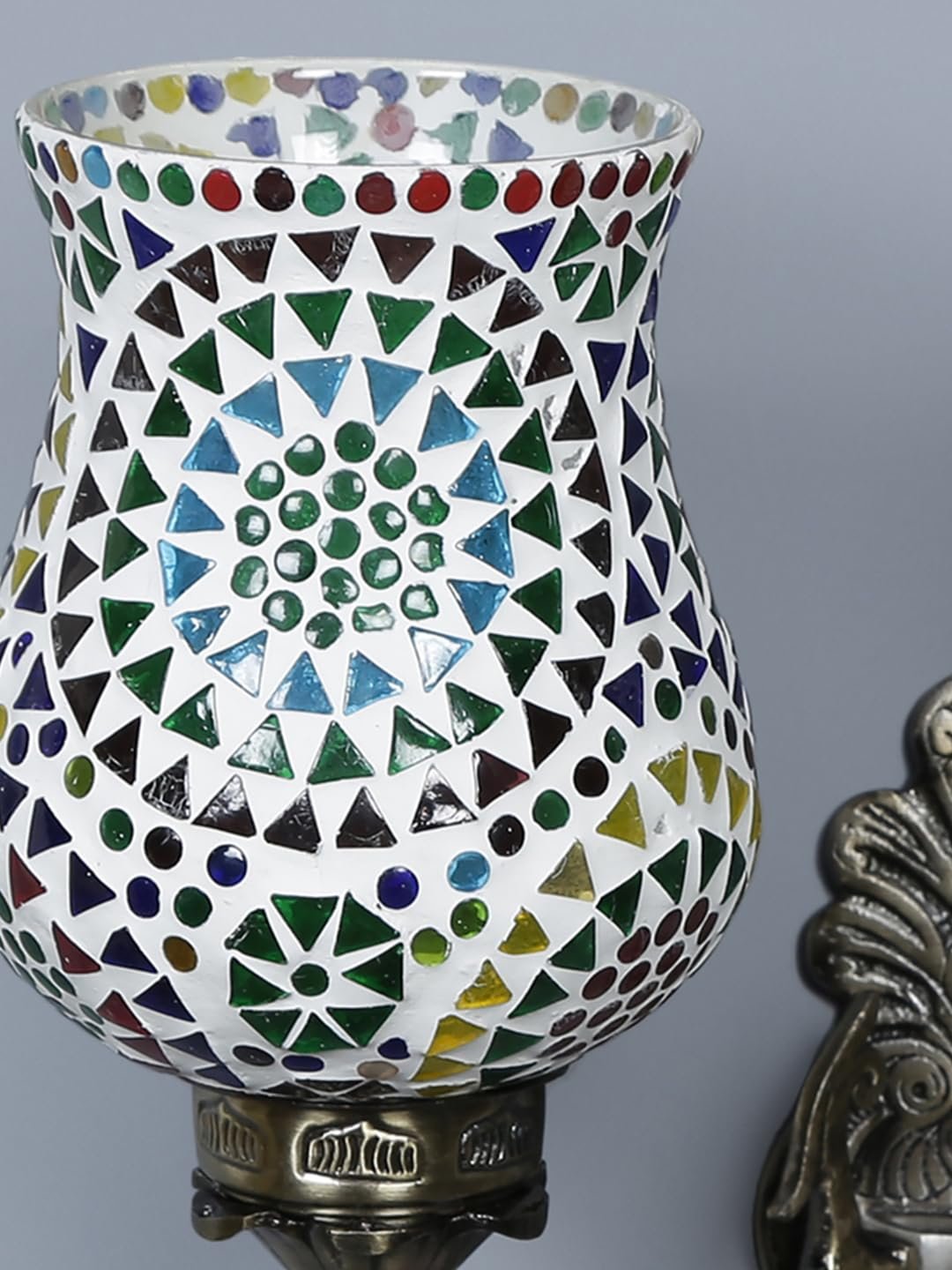 Antique Metal Double Wall Mounted Lamp with Multicolor Mosaic Glass -CE (8.8x11x10) Inches