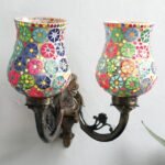 Antique Metal Double Wall Mounted Lamp with Multicolor Mosaic Glass -CF (8.8x11x10) Inches