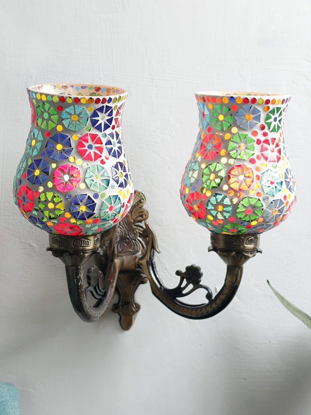 Antique Metal Double Wall Mounted Lamp with Multicolor Mosaic Glass -CF (8.8x11x10) Inches