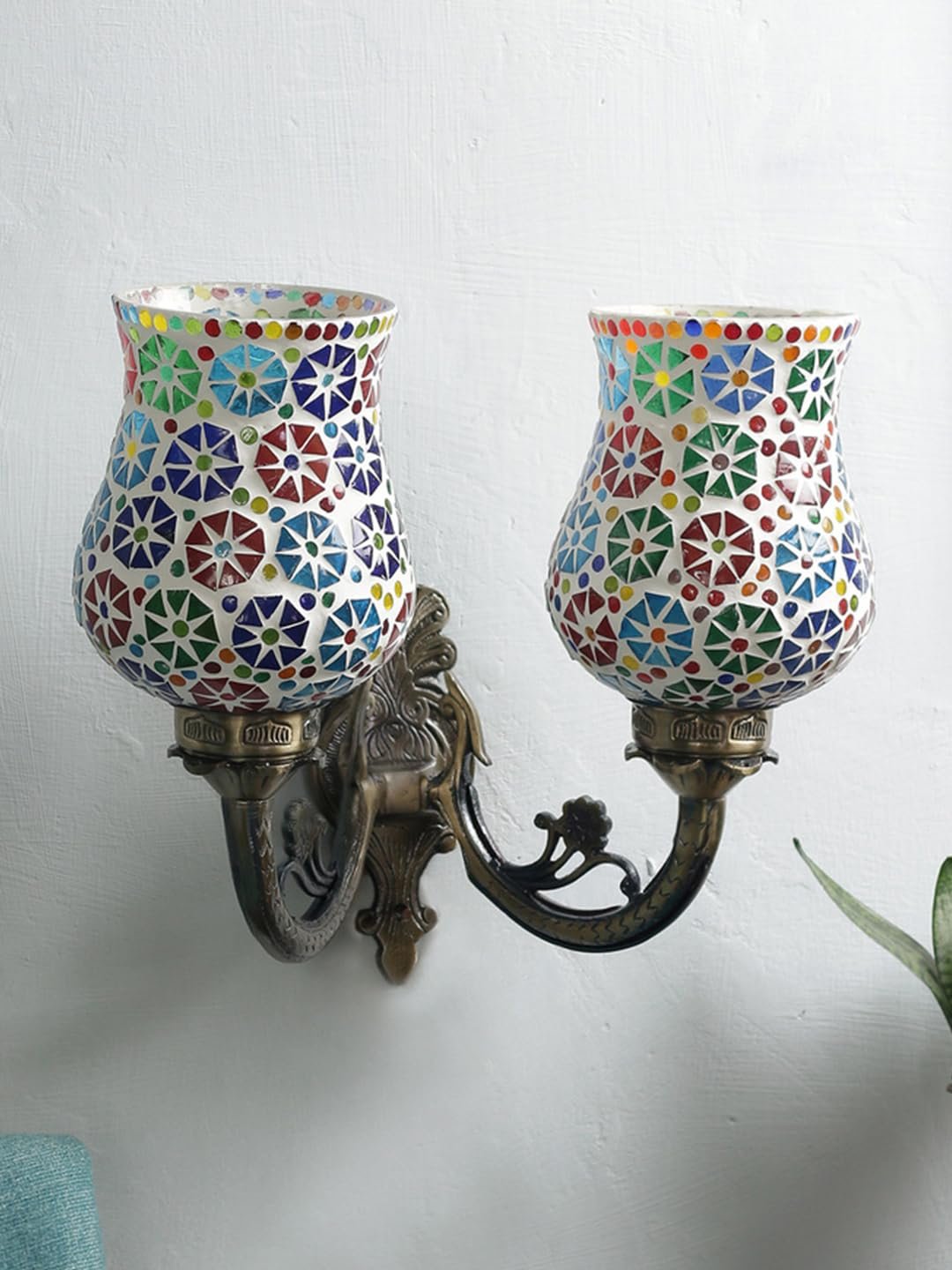 Antique Metal Double Wall Mounted Lamp with Multicolor Mosaic Glass -CF (8.8x11x10) Inches