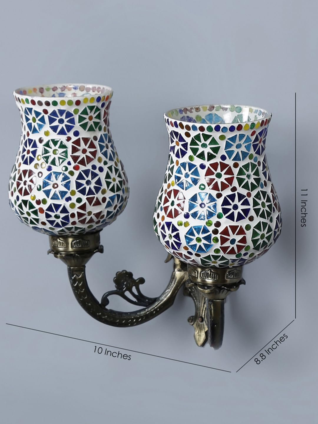 Antique Metal Double Wall Mounted Lamp with Multicolor Mosaic Glass -CF (8.8x11x10) Inches