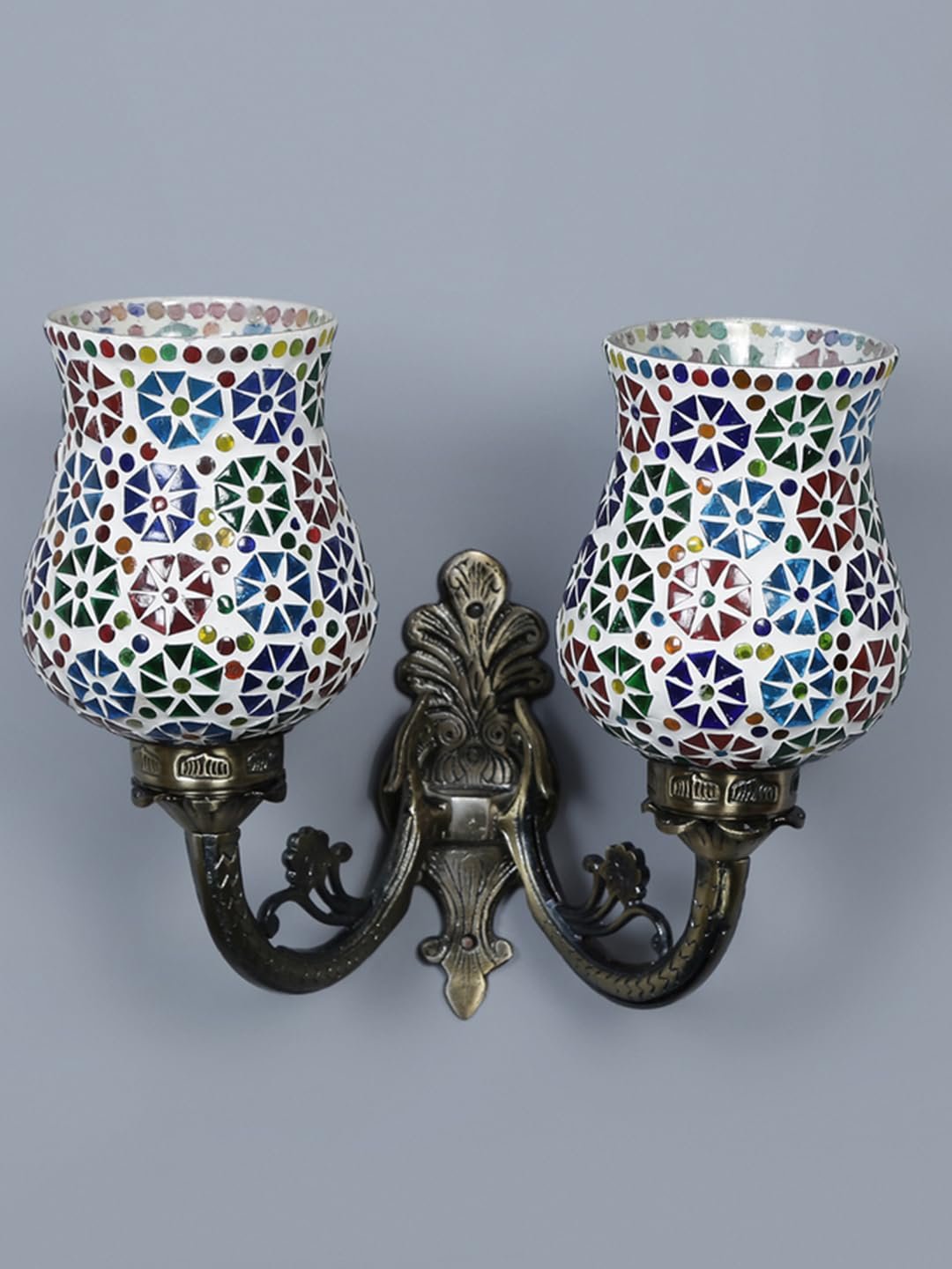 Antique Metal Double Wall Mounted Lamp with Multicolor Mosaic Glass -CF (8.8x11x10) Inches