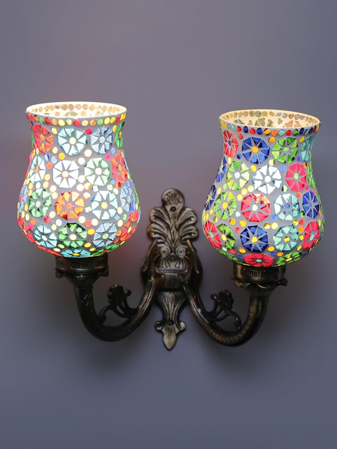 Antique Metal Double Wall Mounted Lamp with Multicolor Mosaic Glass -CF (8.8x11x10) Inches