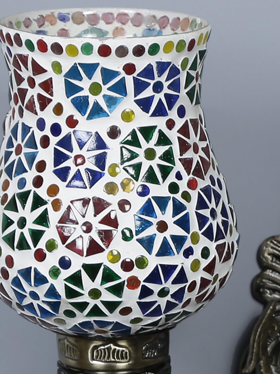 Antique Metal Double Wall Mounted Lamp with Multicolor Mosaic Glass -CF (8.8x11x10) Inches