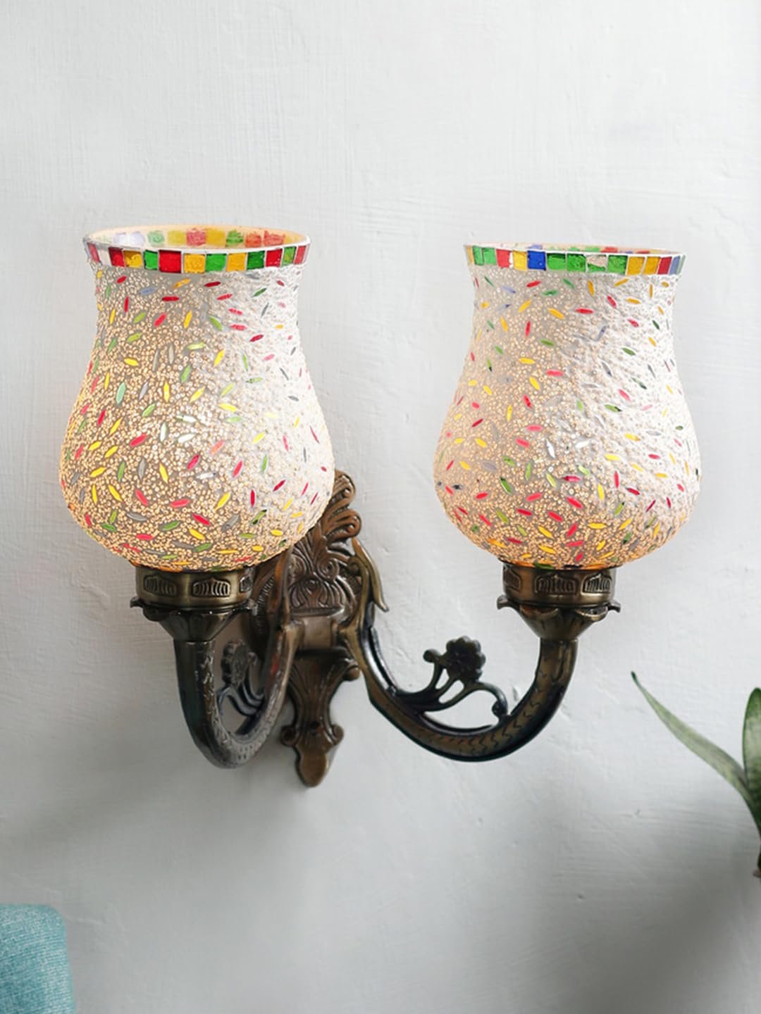 Antique Metal Double Wall Mounted Lamp with Multicolor Mosaic Glass -CX(8.8x11x10) Inches