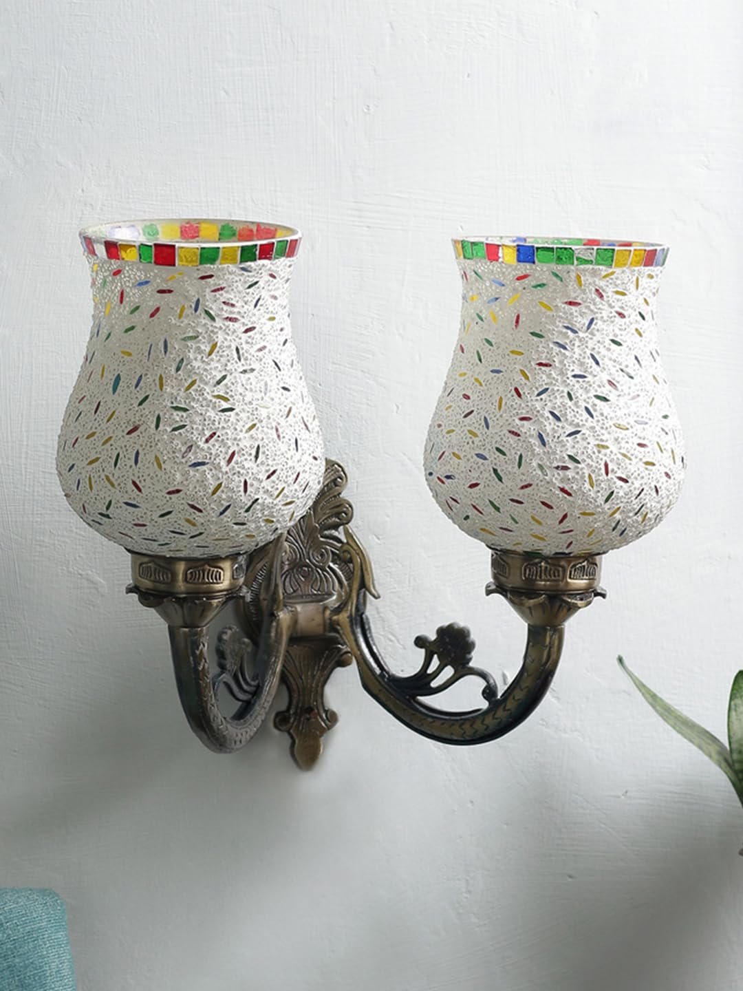Antique Metal Double Wall Mounted Lamp with Multicolor Mosaic Glass -CX(8.8x11x10) Inches