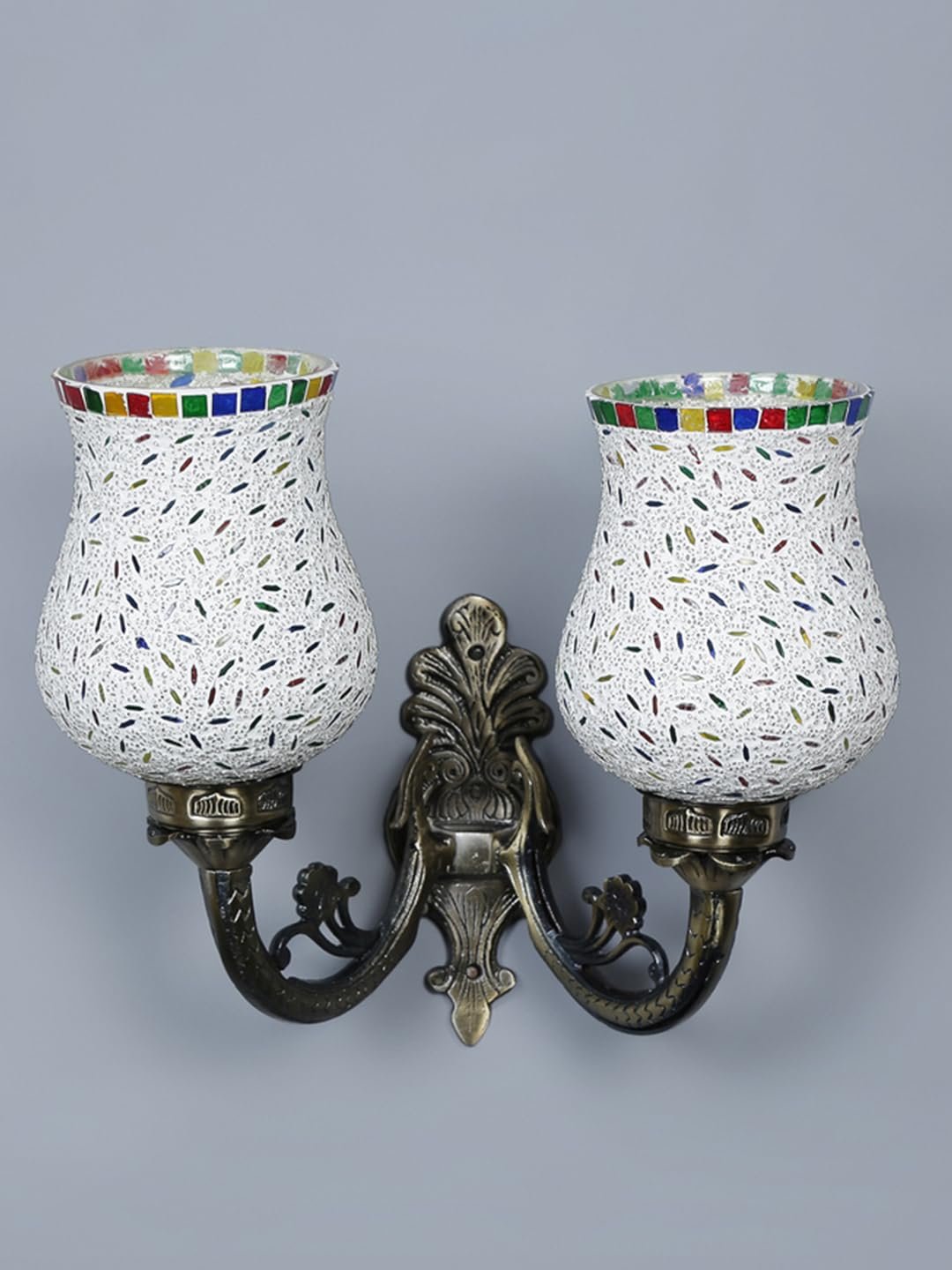 Antique Metal Double Wall Mounted Lamp with Multicolor Mosaic Glass -CX(8.8x11x10) Inches