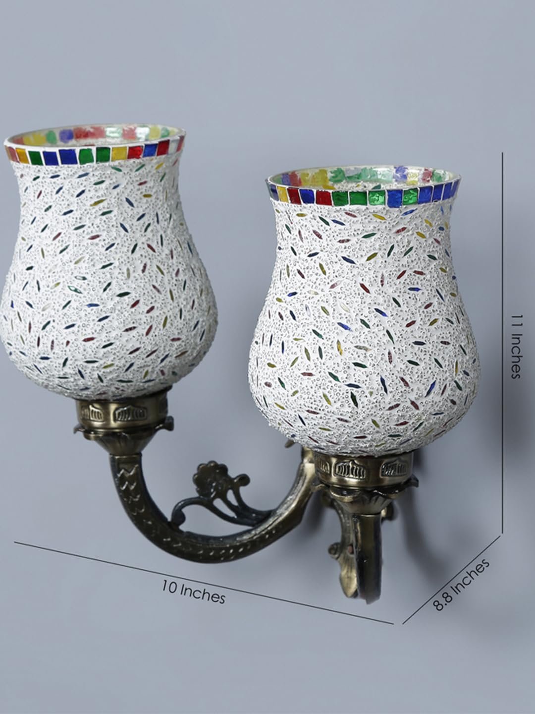 Antique Metal Double Wall Mounted Lamp with Multicolor Mosaic Glass -CX(8.8x11x10) Inches