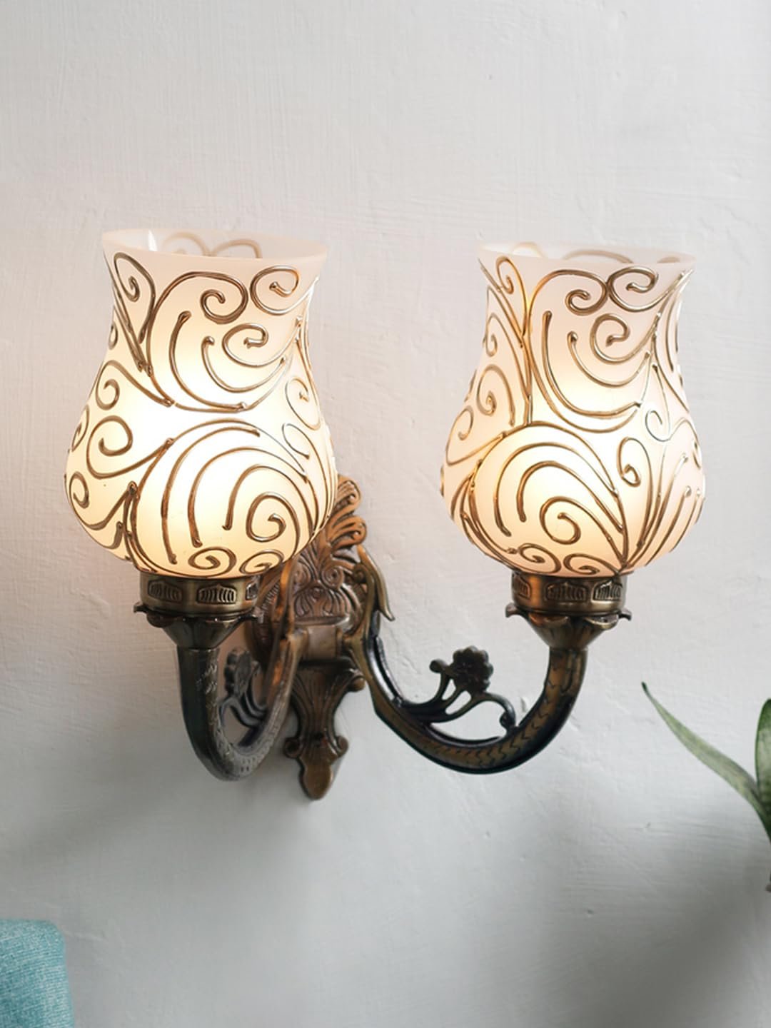 Antique Metal Double Wall Mounted Lamp with Multicolor Mosaic Glass -CN (8.8x11x10) Inches
