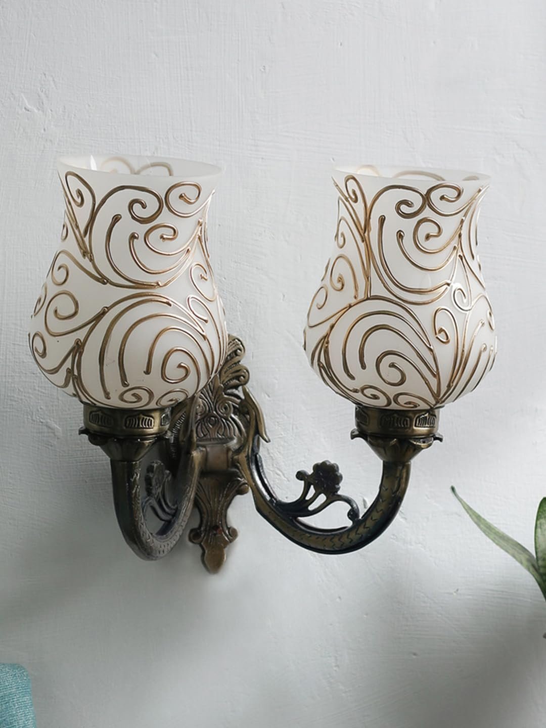 Antique Metal Double Wall Mounted Lamp with Multicolor Mosaic Glass -CN (8.8x11x10) Inches