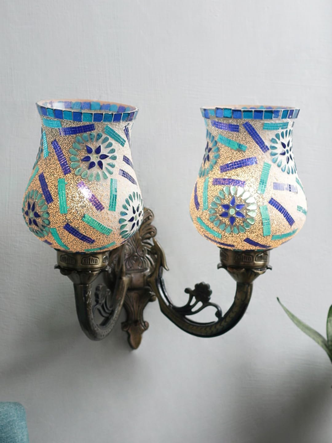 Antique Metal Double Wall Mounted Lamp with Multicolor Mosaic Glass -CM (8.8x11x10) Inches