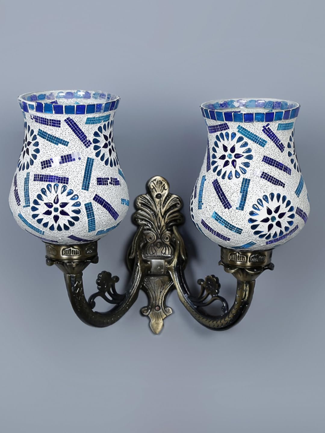 Antique Metal Double Wall Mounted Lamp with Multicolor Mosaic Glass -CM (8.8x11x10) Inches