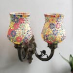 Antique Metal Double Wall Mounted Lamp with Multicolor Mosaic Glass -CY (8.8x11x10) Inches