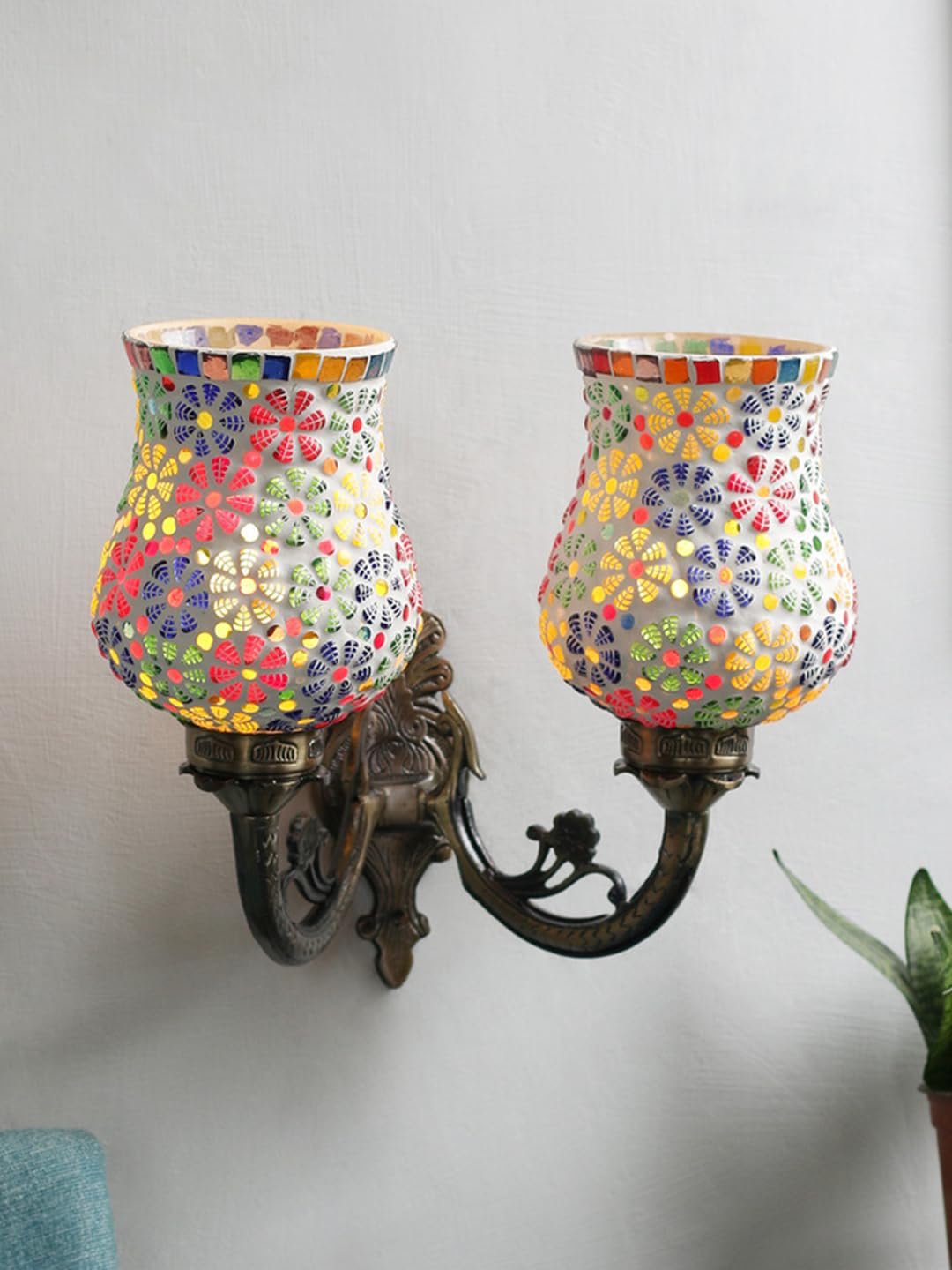 Antique Metal Double Wall Mounted Lamp with Multicolor Mosaic Glass -CY (8.8x11x10) Inches