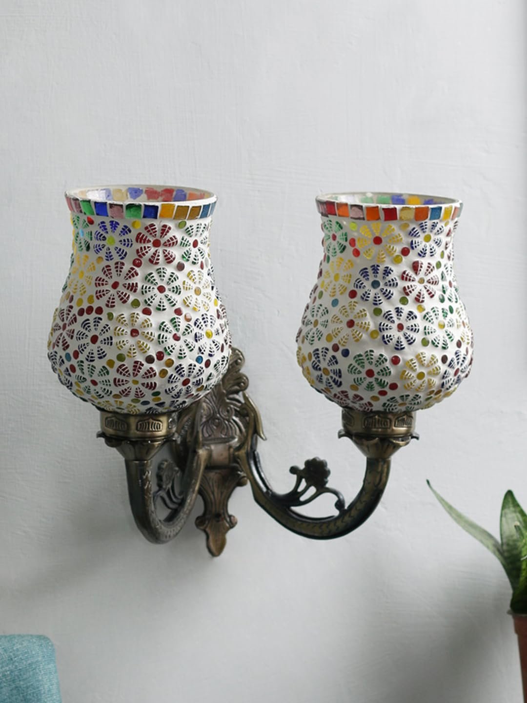 Antique Metal Double Wall Mounted Lamp with Multicolor Mosaic Glass -CY (8.8x11x10) Inches