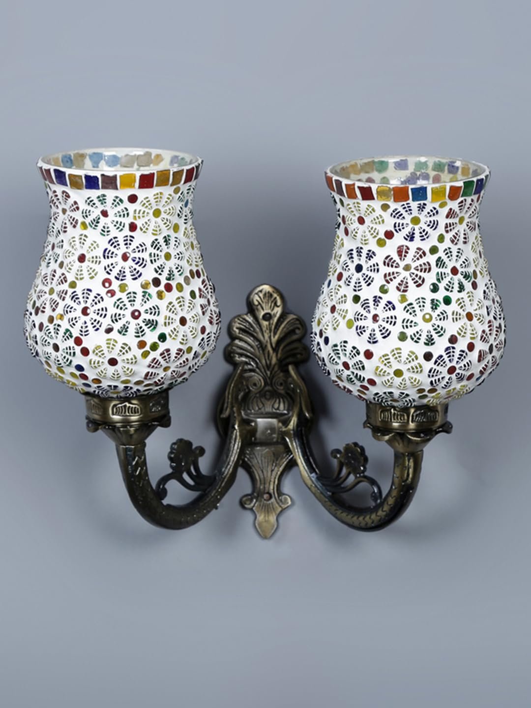 Antique Metal Double Wall Mounted Lamp with Multicolor Mosaic Glass -CY (8.8x11x10) Inches