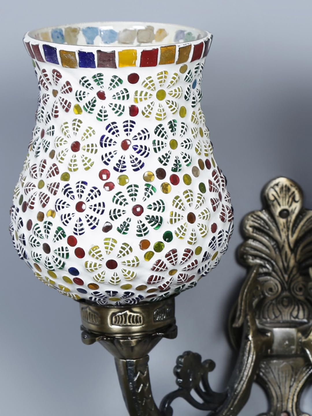 Antique Metal Double Wall Mounted Lamp with Multicolor Mosaic Glass -CY (8.8x11x10) Inches