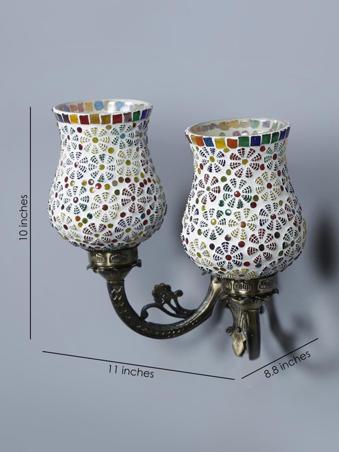 Antique Metal Double Wall Mounted Lamp with Multicolor Mosaic Glass -CY (8.8x11x10) Inches