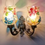 Antique Metal Double Wall Mounted Lamp with Multicolor Mosaic Glass -CCC (8.8x11x10) Inches