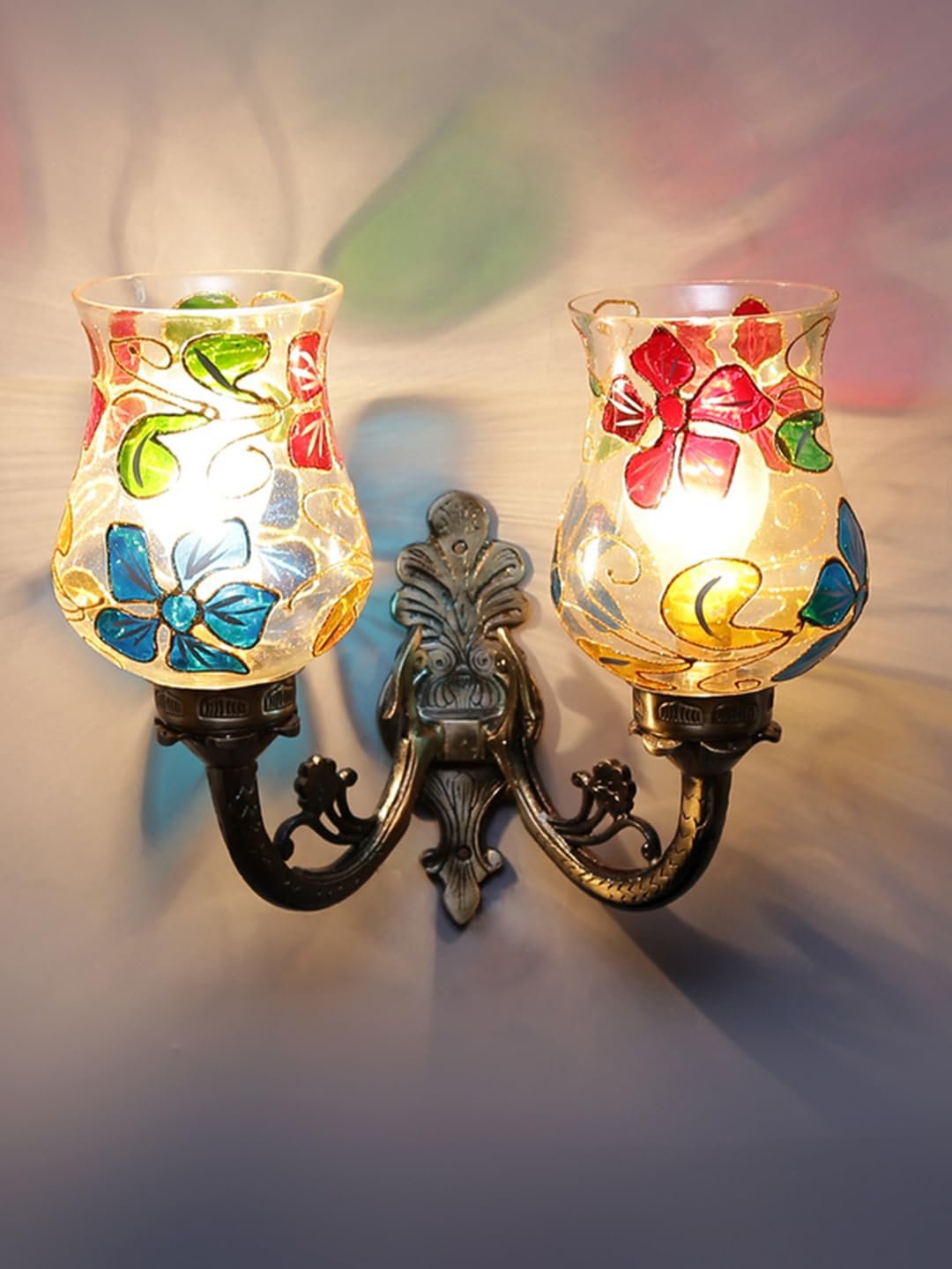 Antique Metal Double Wall Mounted Lamp with Multicolor Mosaic Glass -CCC (8.8x11x10) Inches