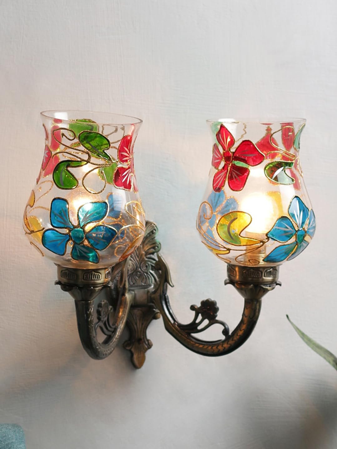 Antique Metal Double Wall Mounted Lamp with Multicolor Mosaic Glass -CCC (8.8x11x10) Inches
