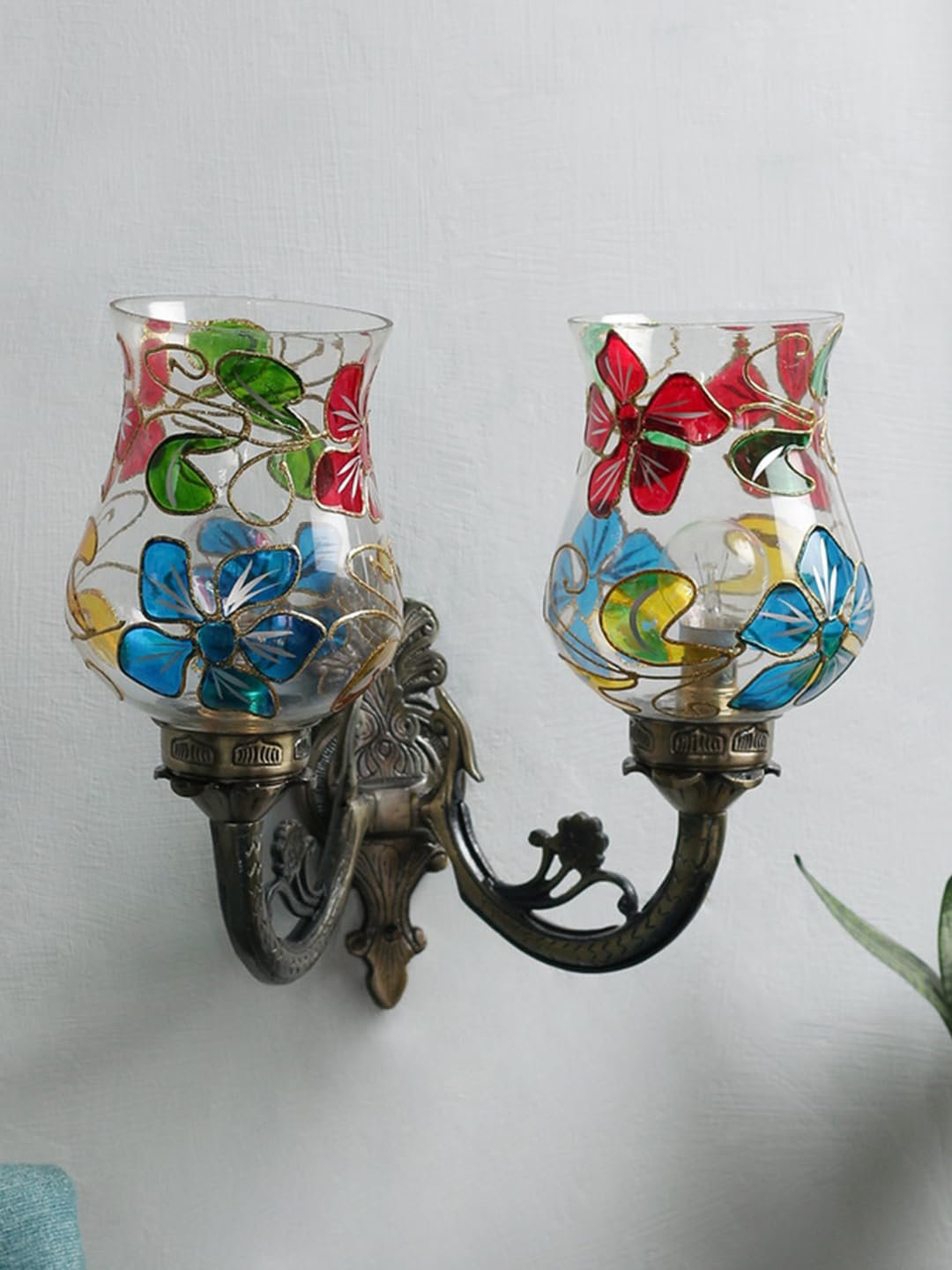 Antique Metal Double Wall Mounted Lamp with Multicolor Mosaic Glass -CCC (8.8x11x10) Inches