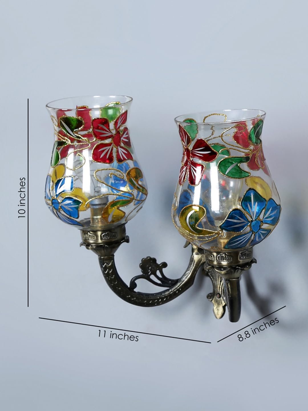 Antique Metal Double Wall Mounted Lamp with Multicolor Mosaic Glass -CCC (8.8x11x10) Inches