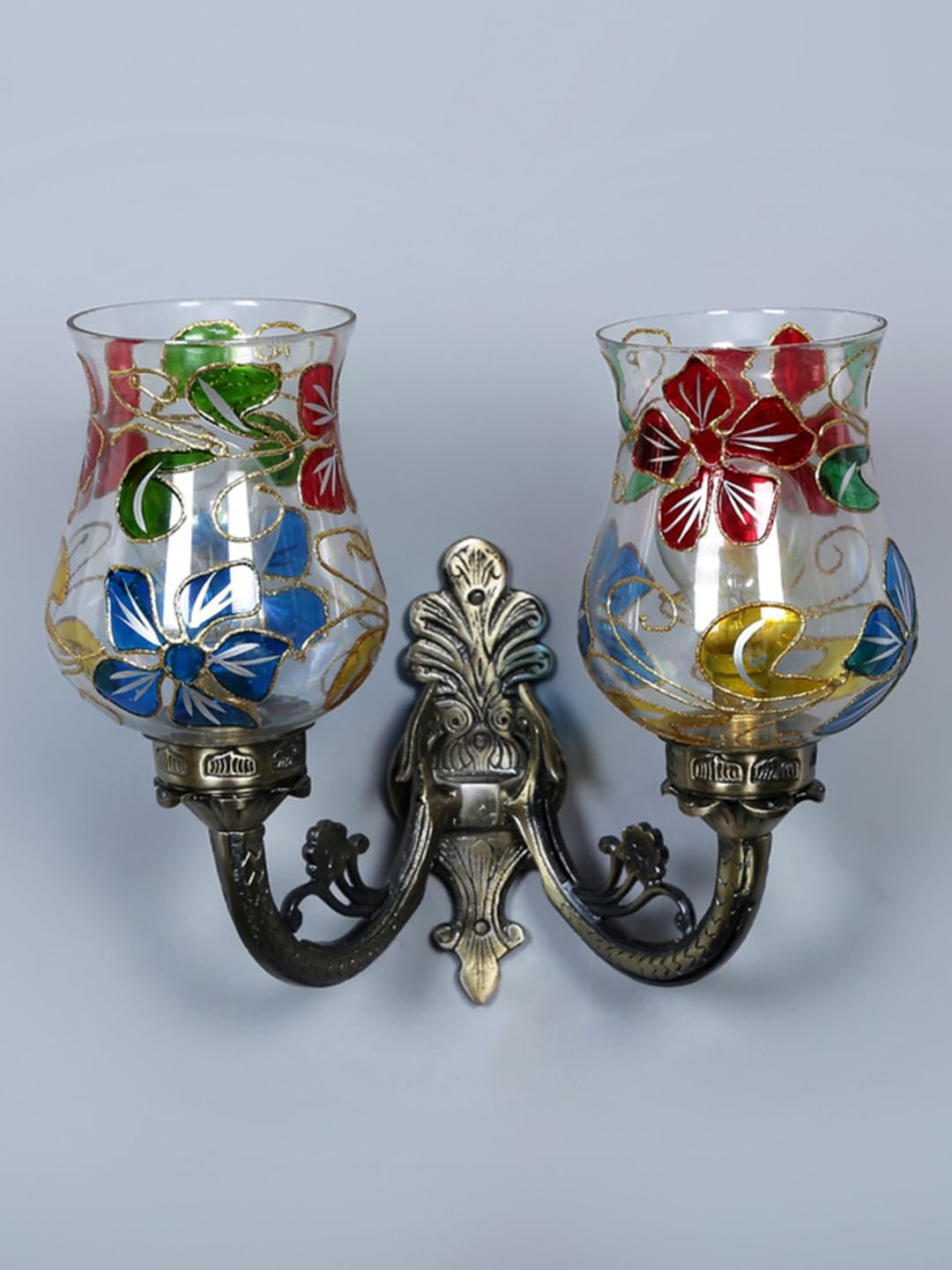 Antique Metal Double Wall Mounted Lamp with Multicolor Mosaic Glass -CCC (8.8x11x10) Inches