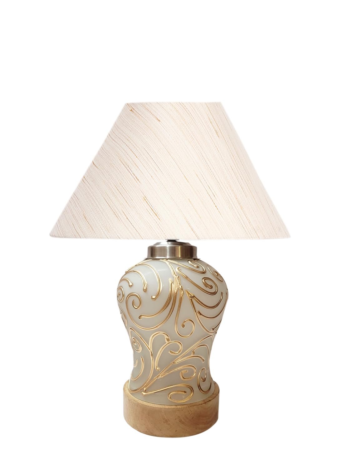 Conical Off White Cotton Shade Lamp with Wood & Mosaic Glass Base for Decoration/Office/Home/Gifting/Study for Decoration/Office/Home/Gifting/Study -(10x10x14.5) Inches -A