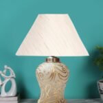 Conical Off White Cotton Shade Lamp with Wood & Mosaic Glass Base for Decoration/Office/Home/Gifting/Study for Decoration/Office/Home/Gifting/Study -(10x10x14.5) Inches -A