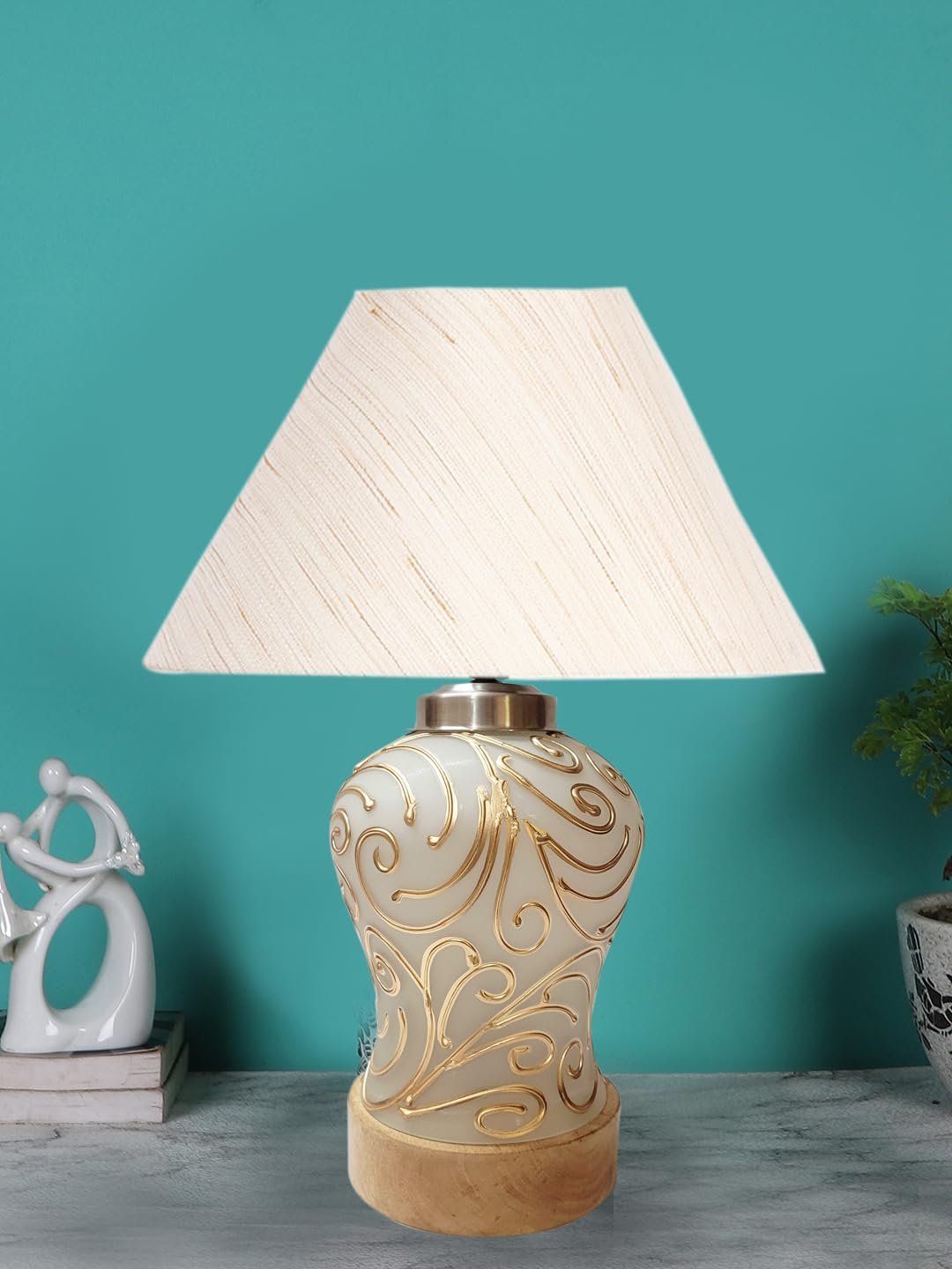 Conical Off White Cotton Shade Lamp with Wood & Mosaic Glass Base for Decoration/Office/Home/Gifting/Study for Decoration/Office/Home/Gifting/Study -(10x10x14.5) Inches -A