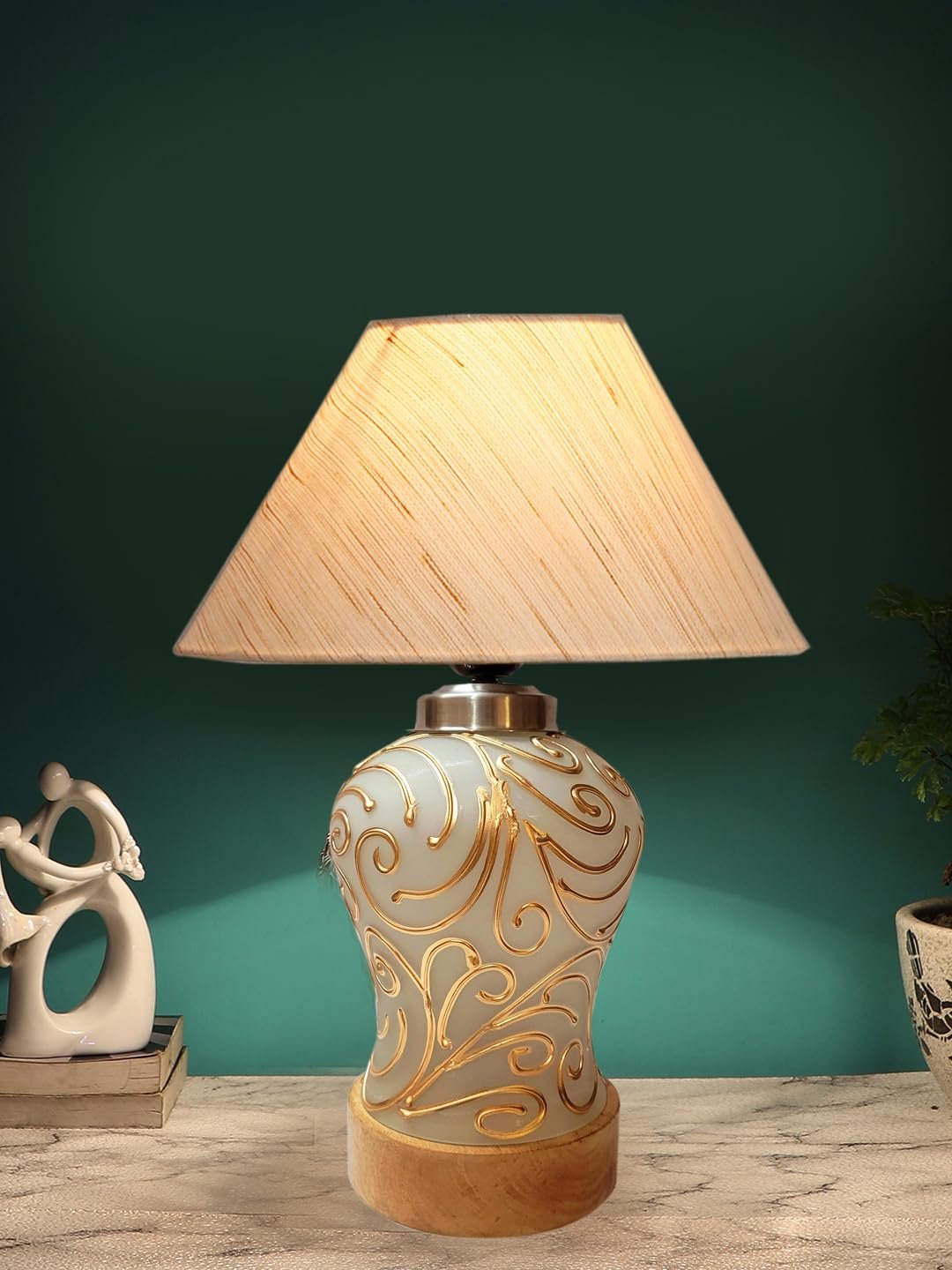 Conical Off White Cotton Shade Lamp with Wood & Mosaic Glass Base for Decoration/Office/Home/Gifting/Study for Decoration/Office/Home/Gifting/Study -(10x10x14.5) Inches -A