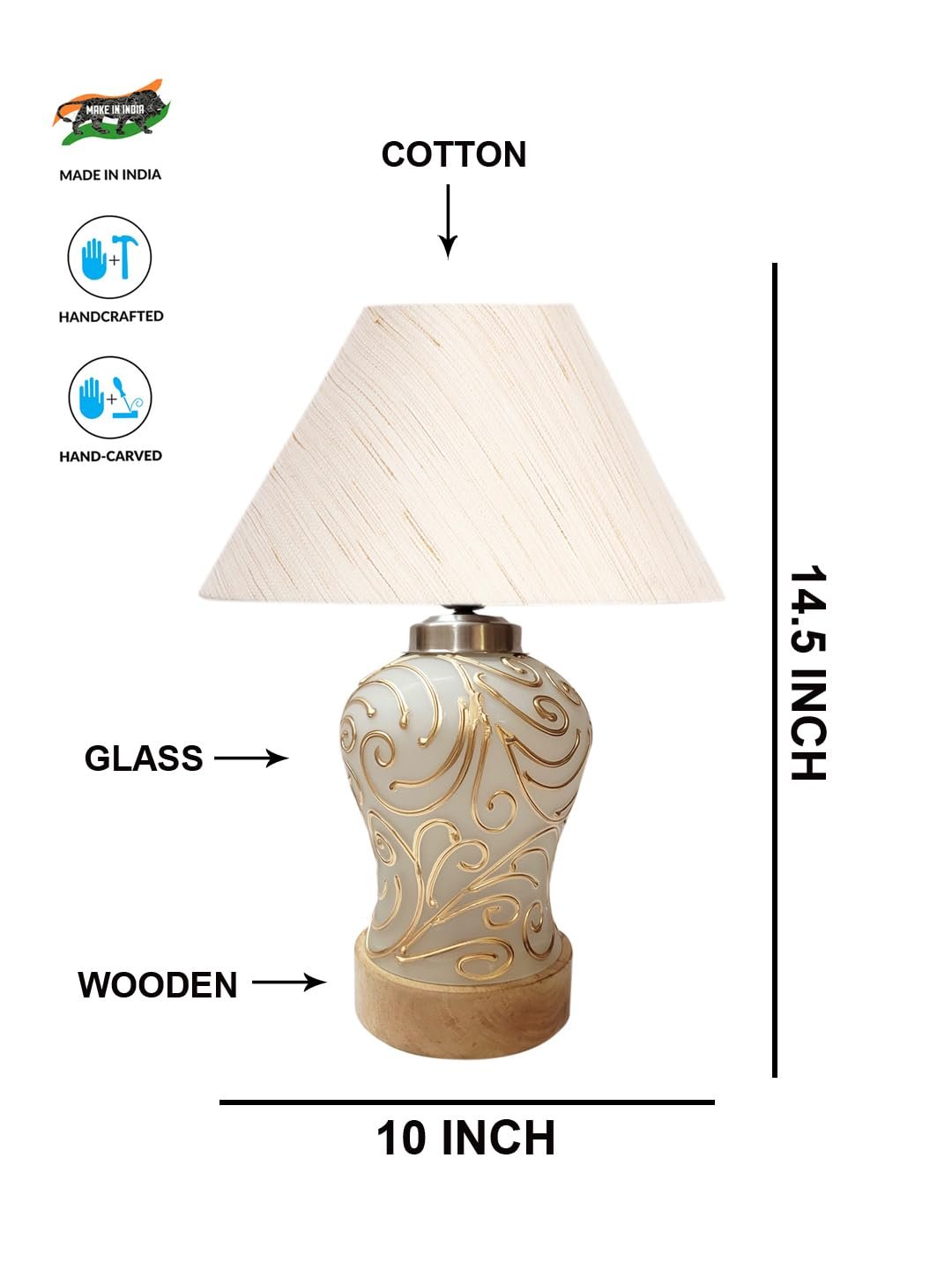 Conical Off White Cotton Shade Lamp with Wood & Mosaic Glass Base for Decoration/Office/Home/Gifting/Study for Decoration/Office/Home/Gifting/Study -(10x10x14.5) Inches -A