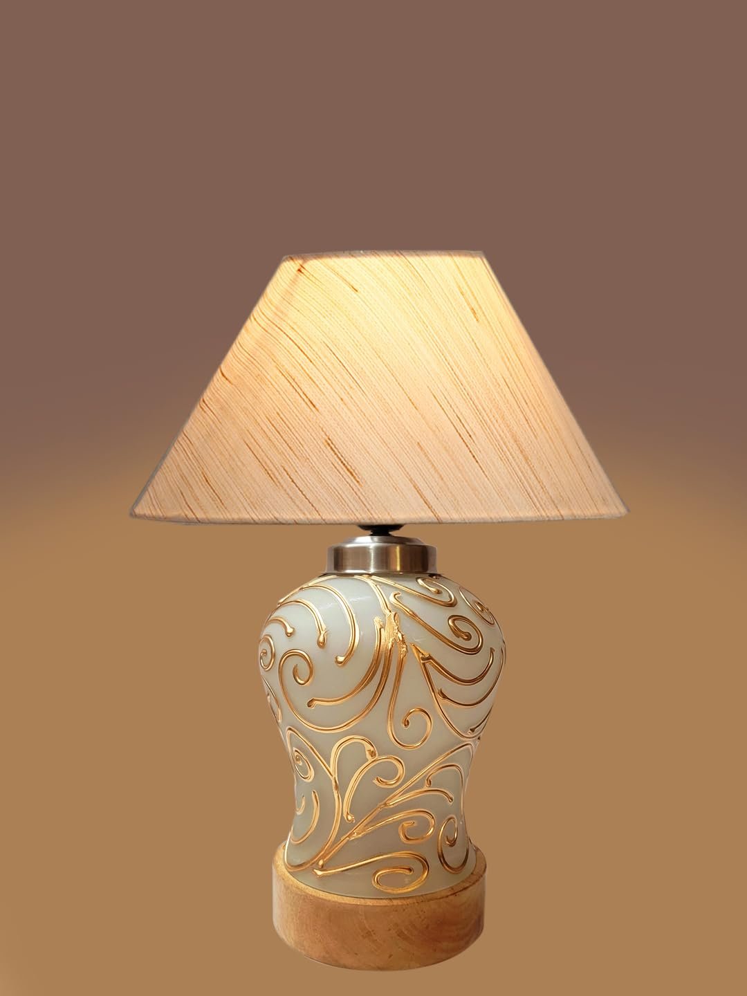 Conical Off White Cotton Shade Lamp with Wood & Mosaic Glass Base for Decoration/Office/Home/Gifting/Study for Decoration/Office/Home/Gifting/Study -(10x10x14.5) Inches -A