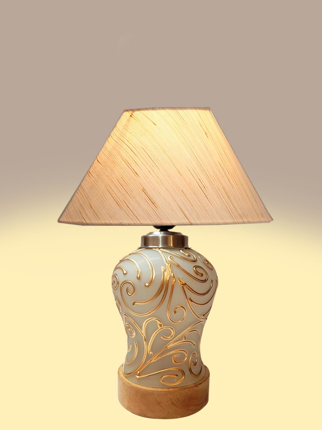 Conical Off White Cotton Shade Lamp with Wood & Mosaic Glass Base for Decoration/Office/Home/Gifting/Study for Decoration/Office/Home/Gifting/Study -(10x10x14.5) Inches -A
