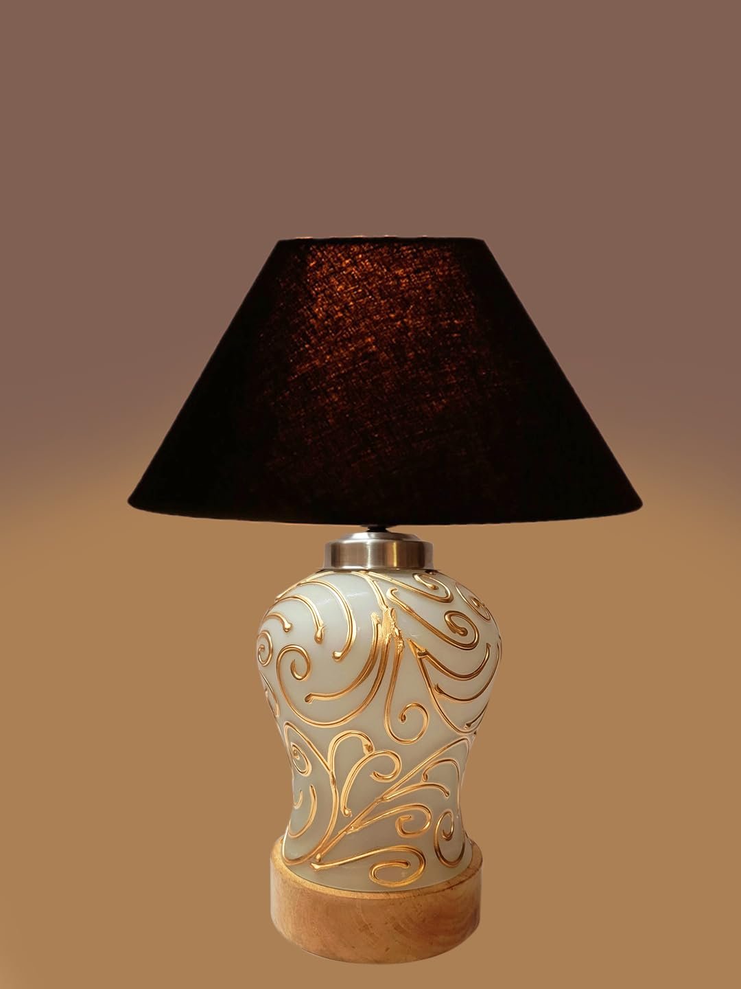 Conical Black Cotton Shade Lamp with Wood & Mosaic Glass Base for Decoration/Office/Home/Gifting/Study for Decoration/Office/Home/Gifting/Study -(10x10x14.5) Inches -B