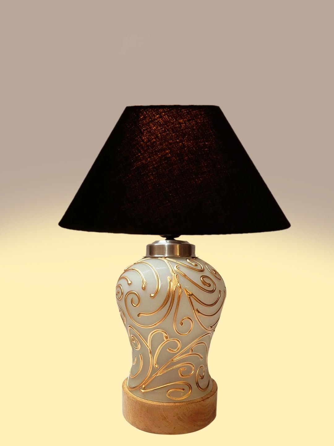 Conical Black Cotton Shade Lamp with Wood & Mosaic Glass Base for Decoration/Office/Home/Gifting/Study for Decoration/Office/Home/Gifting/Study -(10x10x14.5) Inches -B