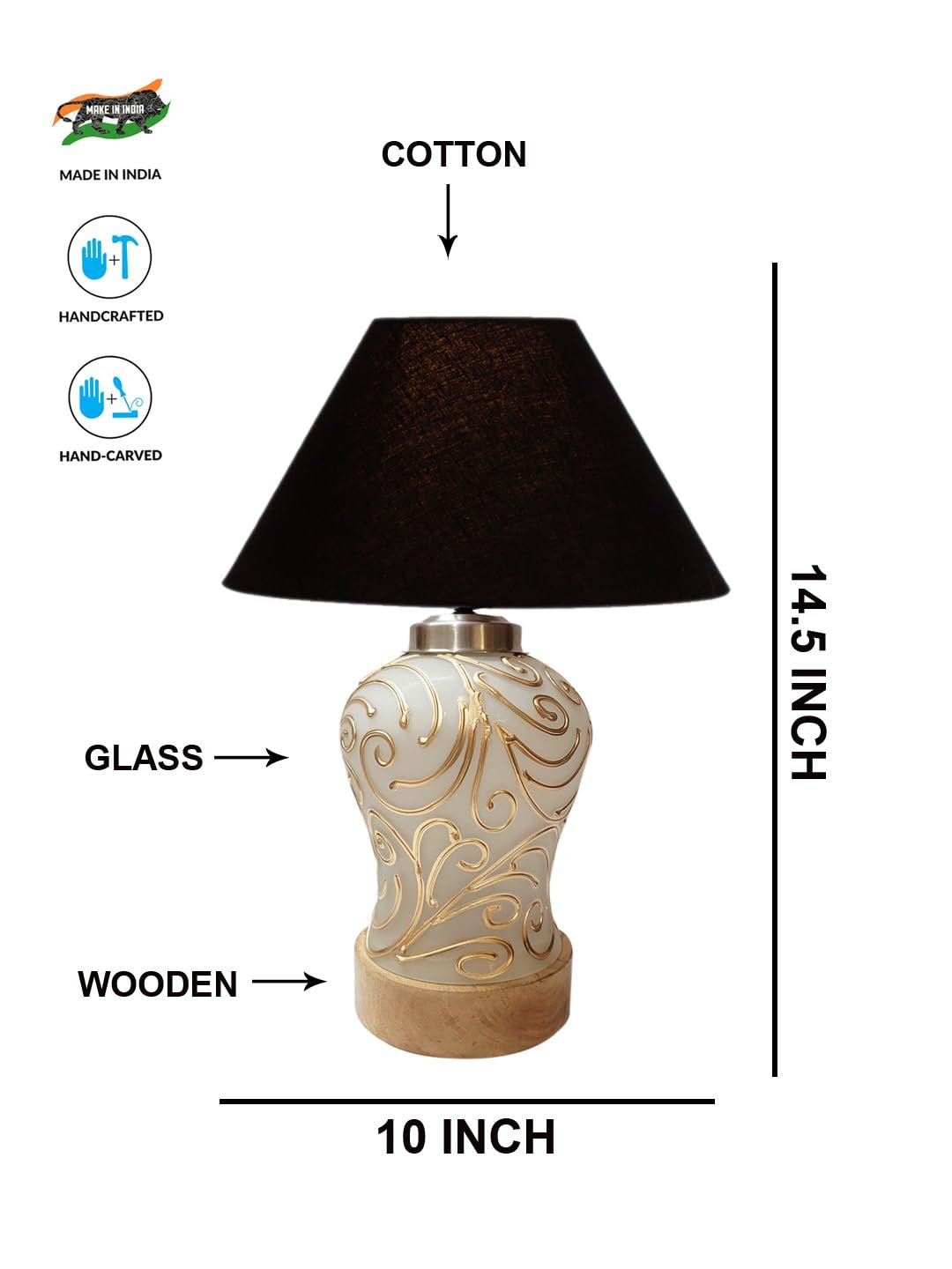 Conical Black Cotton Shade Lamp with Wood & Mosaic Glass Base for Decoration/Office/Home/Gifting/Study for Decoration/Office/Home/Gifting/Study -(10x10x14.5) Inches -B