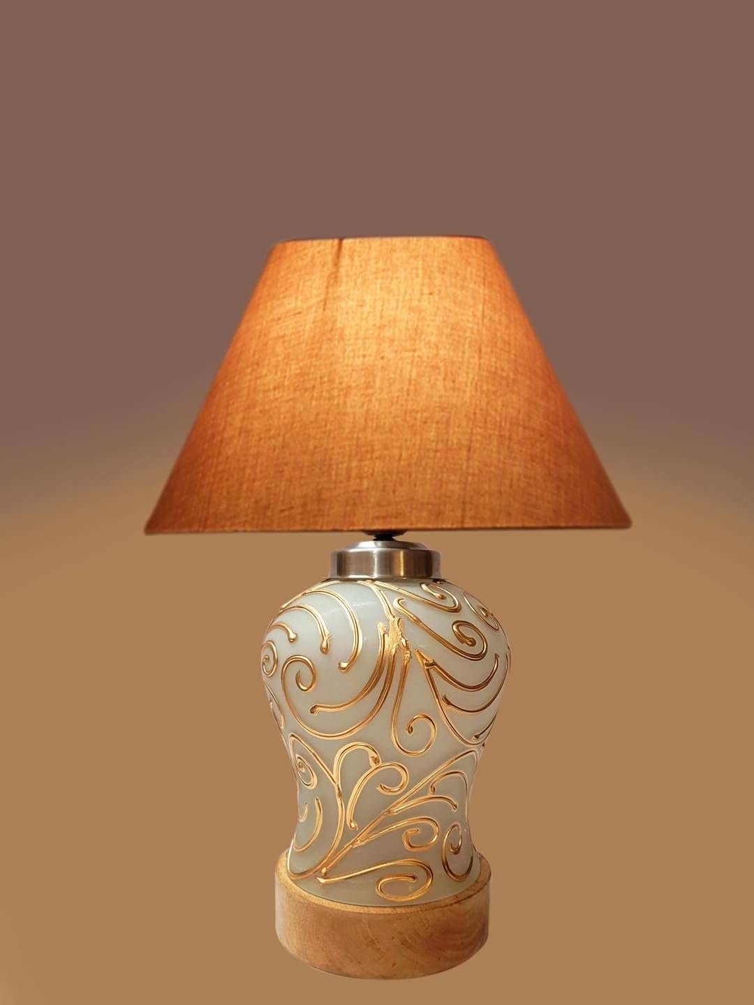 Conical Grey Cotton Shade Lamp with Wood & MosaicGlass Base for Decoration/Office/Home/Gifting/Study for Decoration/Office/Home/Gifting/Study -(10x10x14.5) Inches -F