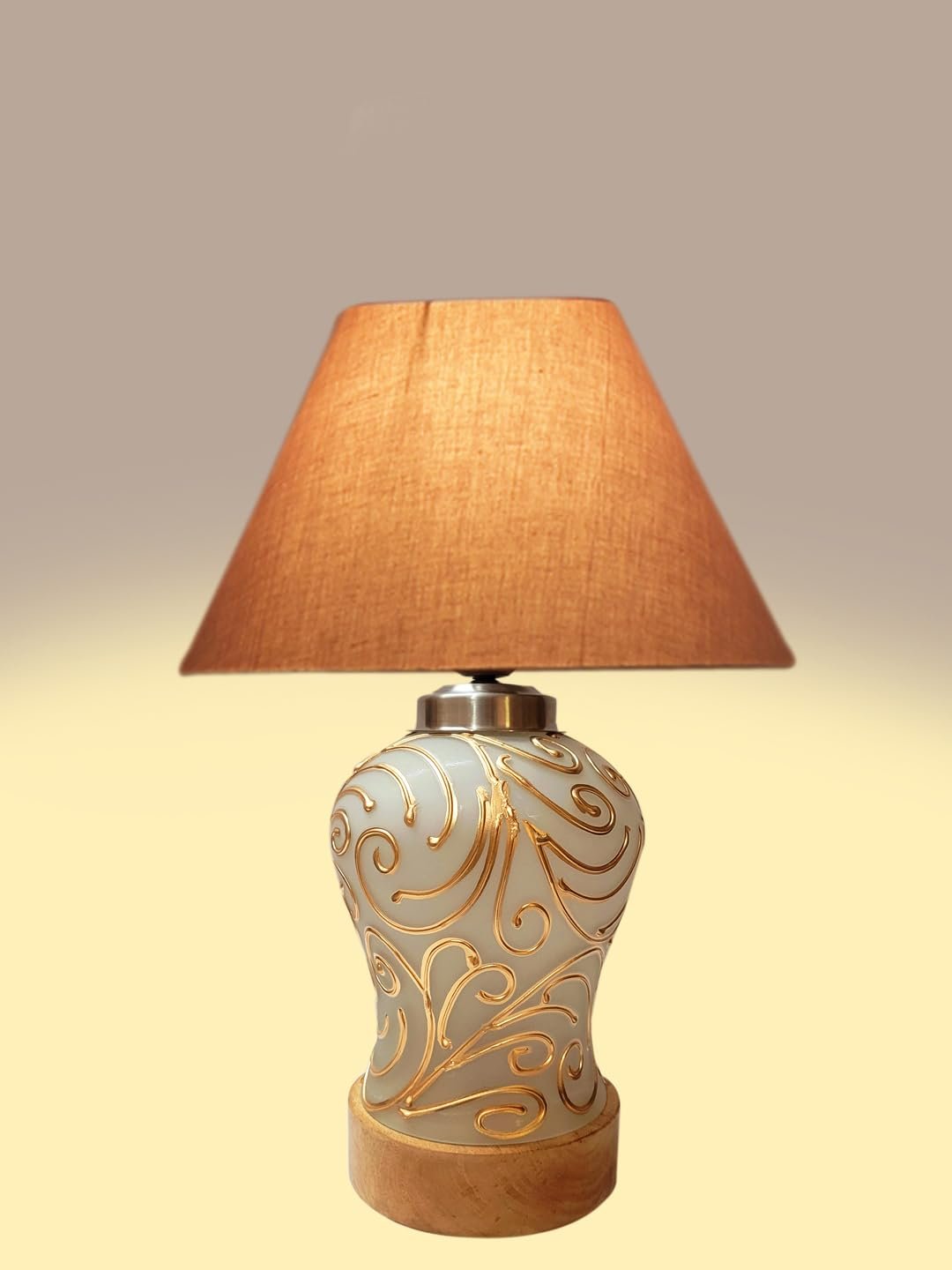 Conical Grey Cotton Shade Lamp with Wood & MosaicGlass Base for Decoration/Office/Home/Gifting/Study for Decoration/Office/Home/Gifting/Study -(10x10x14.5) Inches -F