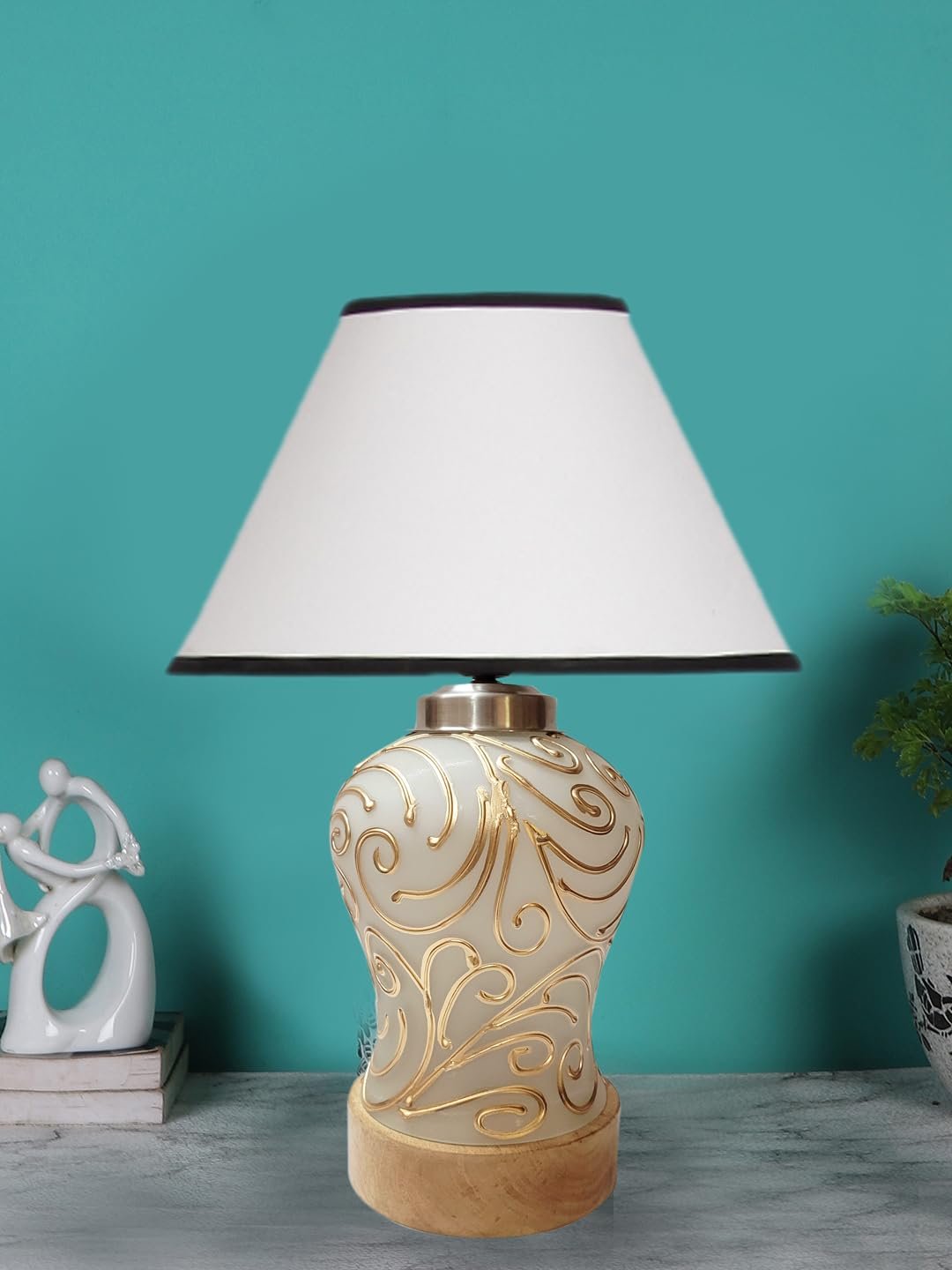 Conical White & Black Cotton Shade Lamp with Wood & MosaicGlass Base for Decoration/Office/Home/Gifting/Study for Decoration/Office/Home/Gifting/Study -(10x10x14.5) Inches -G