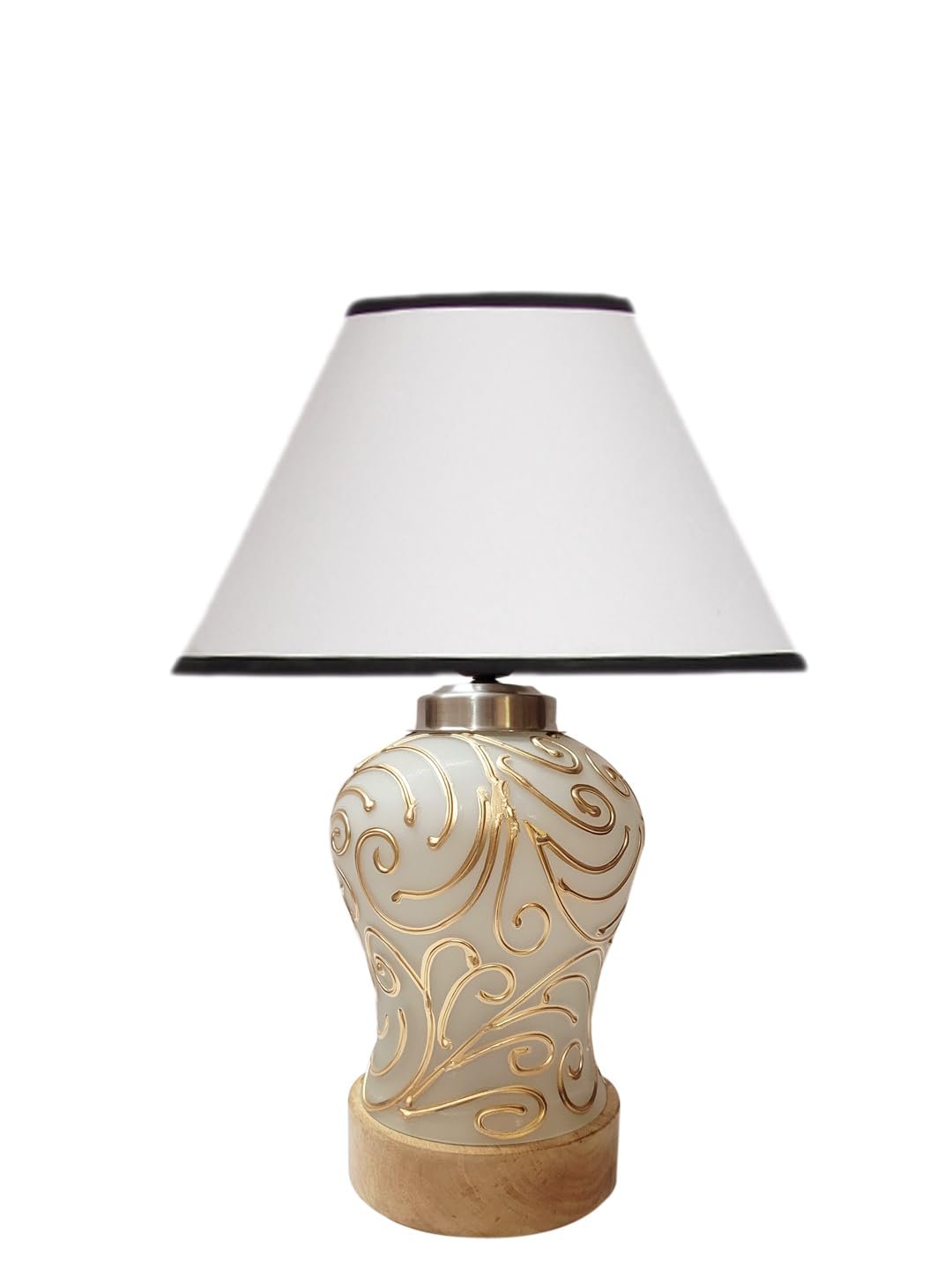Conical White & Black Cotton Shade Lamp with Wood & MosaicGlass Base for Decoration/Office/Home/Gifting/Study for Decoration/Office/Home/Gifting/Study -(10x10x14.5) Inches -G