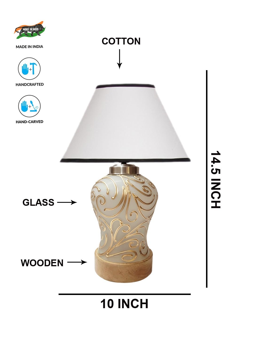 Conical White & Black Cotton Shade Lamp with Wood & MosaicGlass Base for Decoration/Office/Home/Gifting/Study for Decoration/Office/Home/Gifting/Study -(10x10x14.5) Inches -G