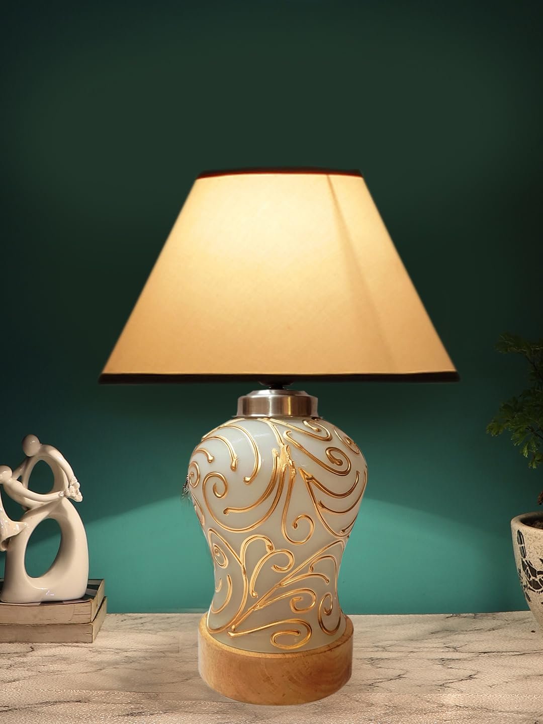 Conical White & Black Cotton Shade Lamp with Wood & MosaicGlass Base for Decoration/Office/Home/Gifting/Study for Decoration/Office/Home/Gifting/Study -(10x10x14.5) Inches -G