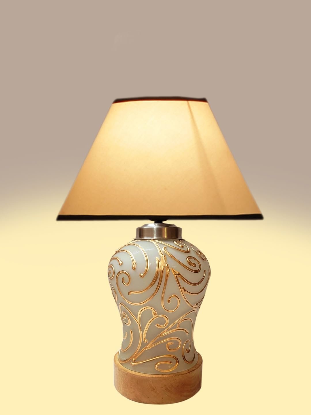 Conical White & Black Cotton Shade Lamp with Wood & MosaicGlass Base for Decoration/Office/Home/Gifting/Study for Decoration/Office/Home/Gifting/Study -(10x10x14.5) Inches -G