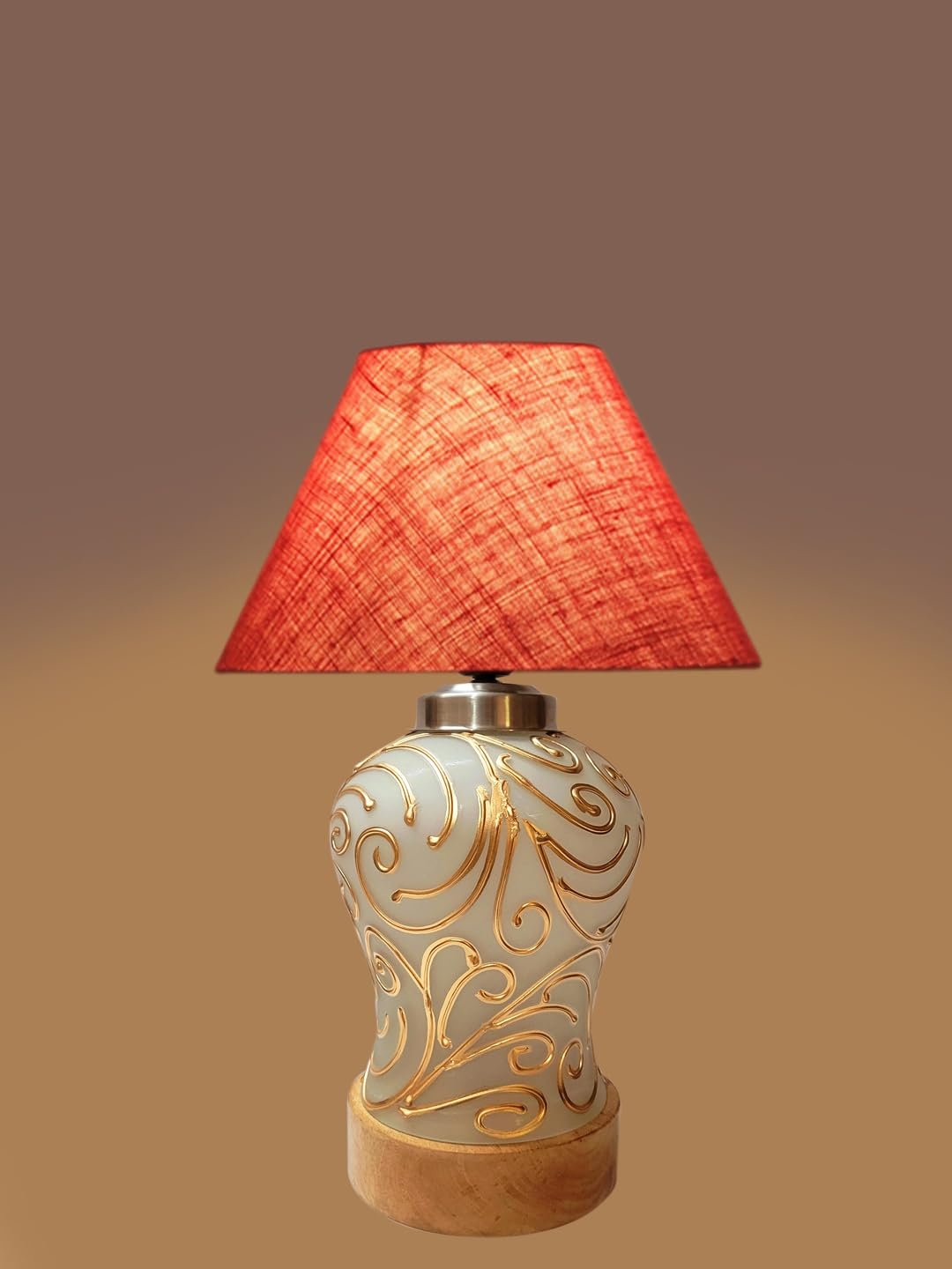 Conical Pink Jute Shade Lamp with Wood & MosaicGlass Base for Decoration/Office/Home/Gifting/Study for Decoration/Office/Home/Gifting/Study -(10x10x14.5) Inches -I