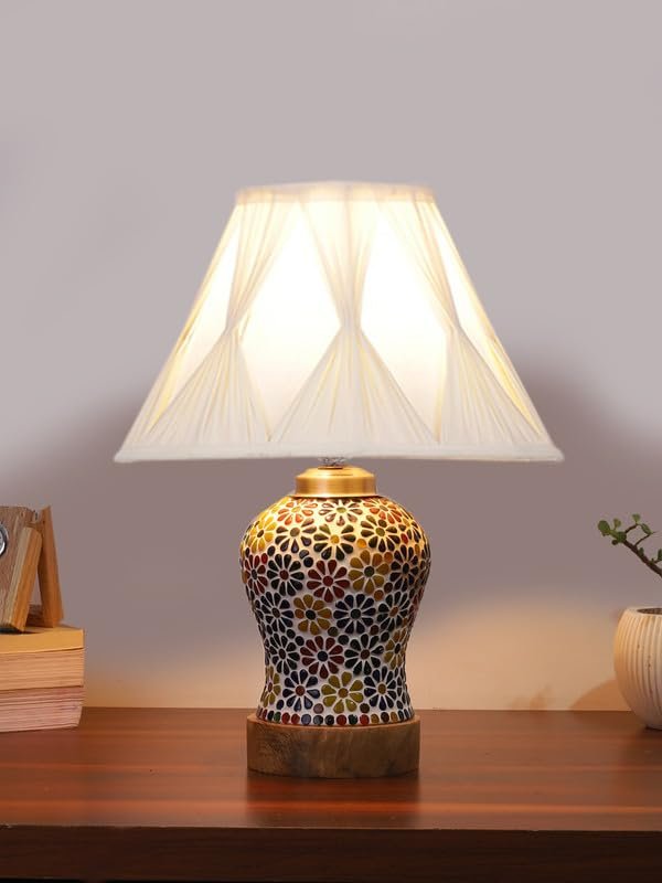 Multicolor Table Lamp | Artistic Mosaic Glass with Sturdy Wood Base | Decorative Ambient Light for Home D�cor | Perfect Blend of Modern & Traditional Style - Model DG120