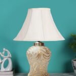Off White Cotton Shade Lamp with Wood & Mosaic Glass Base for Decoration/Office/Home/Gifting/Study for Office/Home/Gifting -(12x12x16) Inches –