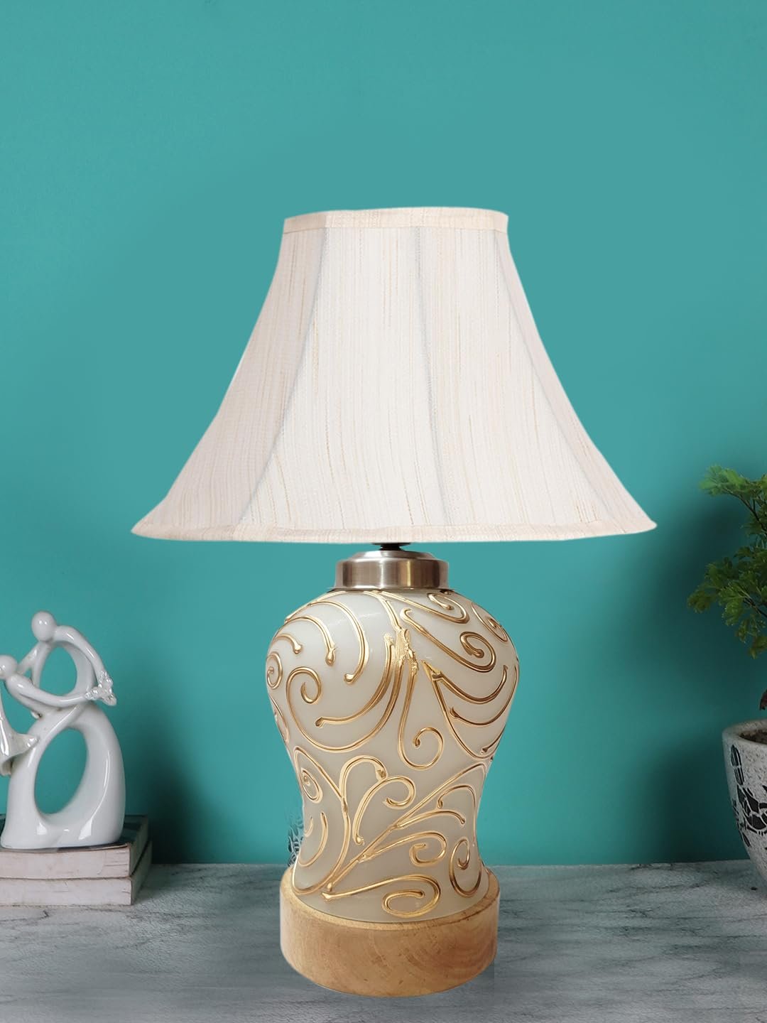 Off White Cotton Shade Lamp with Wood & Mosaic Glass Base for Decoration/Office/Home/Gifting/Study for Office/Home/Gifting -(12x12x16) Inches -